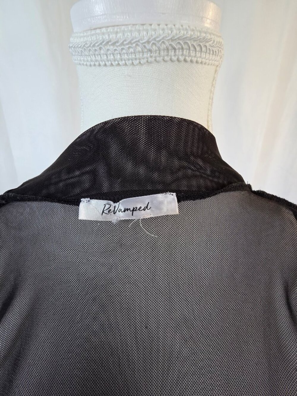 Revamped Size Small Black Mesh Zip Front Sheer Long Sleeves Flared Peplum Waist - Picture 5 of 9